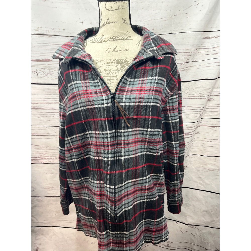 Denim & Co Womens 1X Red Black Plaid Full Zip Flannel Shirt Cotton Long Sleeve‎